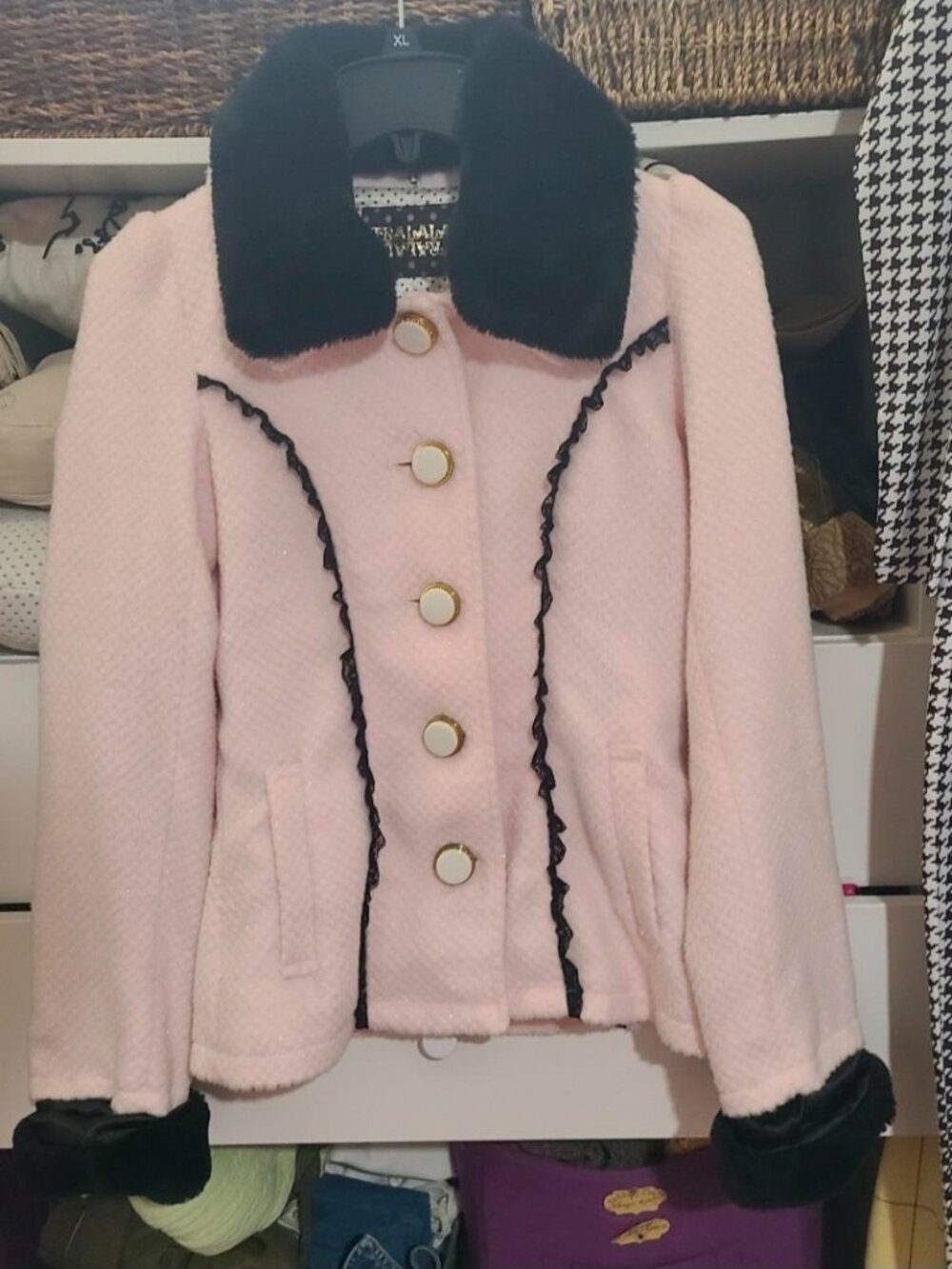 liz lisa/tralala pink and black peacoat with detachable fur cuffs and collar